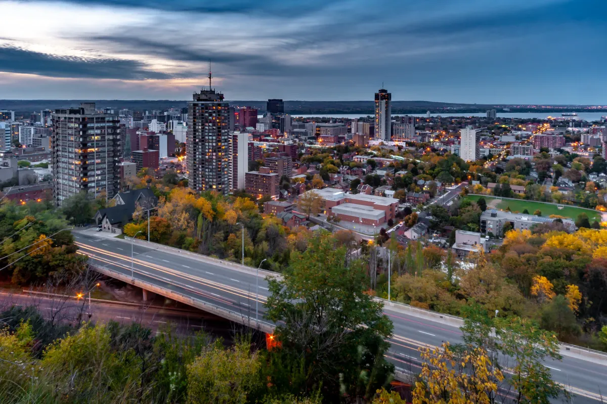 Hamilton cityscape with the Niagara Escarpment and downtown core