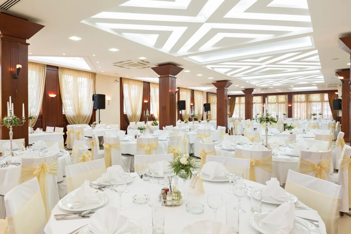 Banquet hall set for a large event