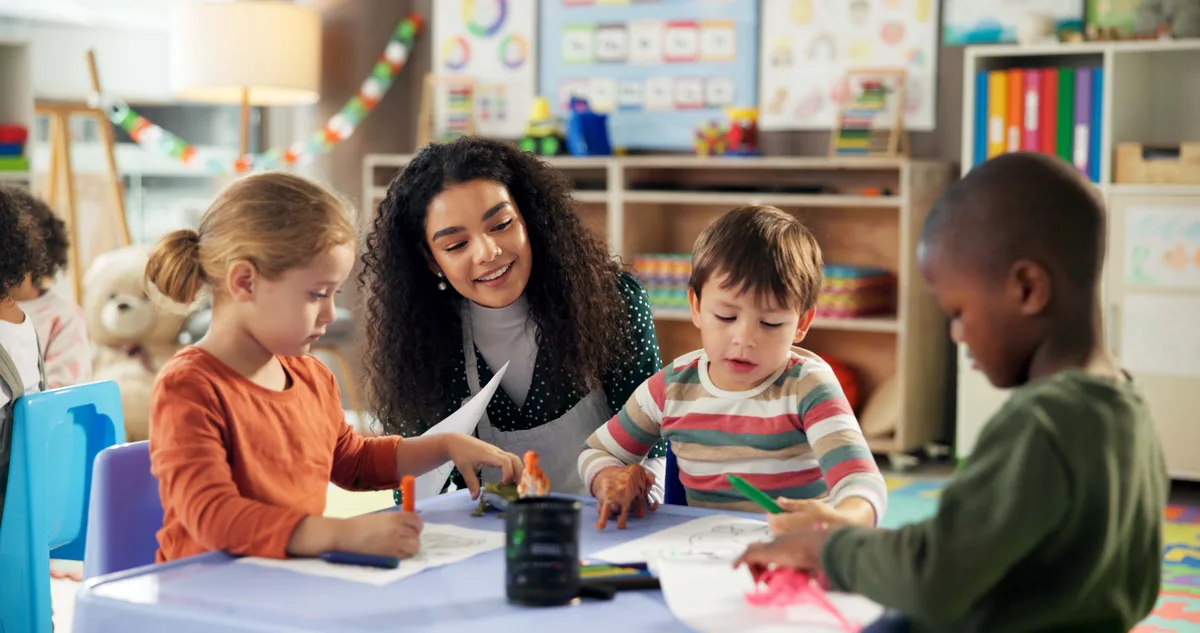 Children in a bright daycare classroom