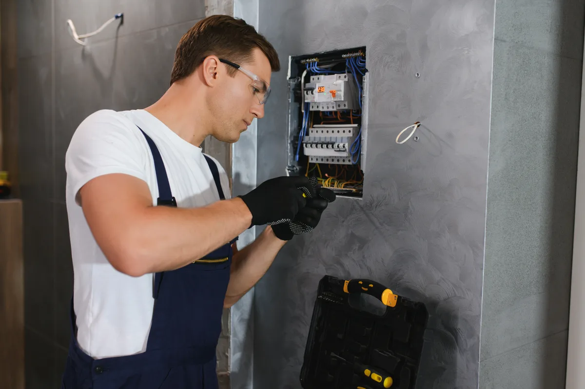 Licensed electrician working on an electrical panel