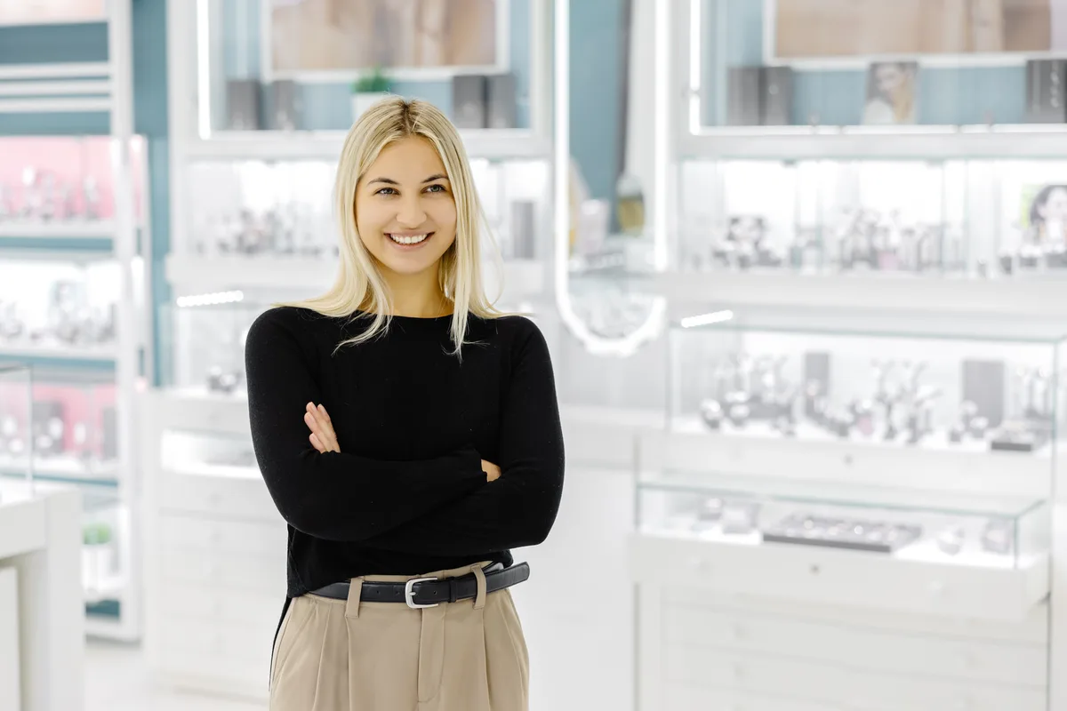 Jeweller presenting a piece at the display case