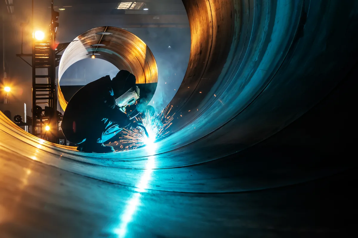 Welder fabricating a steel assembly