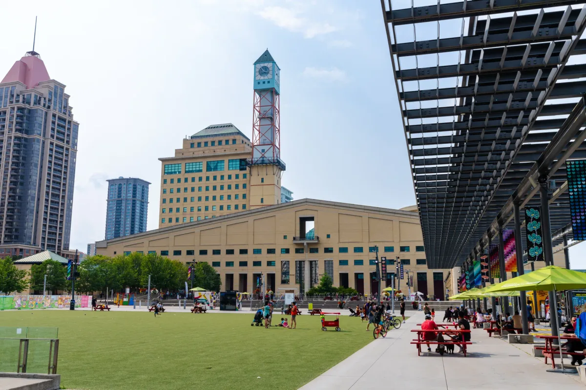 Celebration Square and the civic centre clock tower in Mississauga